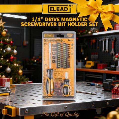 26 Piece Tough As Nails Magnetic Screwdriver Bit Set Cr V Steel T5 T40 Security Torx Square Phillips Slotted Bits With Cushion Grip Handles For Quick Fixes And Weekend Wrenching displayed in packaging on workbench.