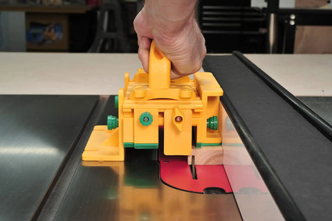 User using Double Pack Pro Model GR-420 With Two Advanced GRR-Ripper Safety Tools and Handle Bridge Kits on table saw