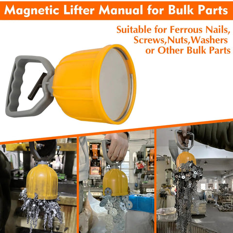 Heavy Duty Magnetic Bulk Parts Lifter With Quick Release Pick Up Tool For Nails, Screws, Nuts And Small Metal Objects, Powerful Material Handling Magnet For Easy Bulk Parts Transfer And Retrieval, yellow plastic, gray handle