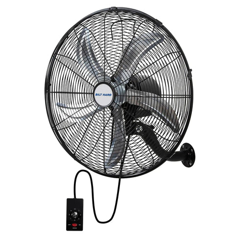 20 Inch Oscillating Wall Mount Fan With Wired Remote showing aluminum blades and wall bracket for industrial use.