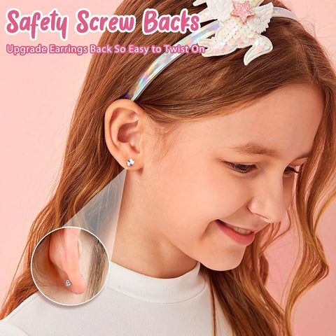 16 Pair Hypoallergenic Earrings Set For Girls And Women With Colorful Screw Back Ball Studs Including CZ Studs Stars Butterflies Flowers Hearts Nickel Free Safe For Sensitive Ears on girl wearing flower stud