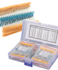 Front view of resistor kit: 560-piece, 56 values, 1% 1/4W metal carbon film resistors in a clear plastic case