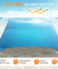 Beach Canopy Sun Shelter 10x10ft With UPF50 UV Protection Windproof Durable Shade Tent on a sunny beach with four stretchable legs.