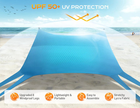 Beach Canopy Sun Shelter 10x10ft With UPF50 UV Protection Windproof Durable Shade Tent on a sunny beach with four stretchable legs.