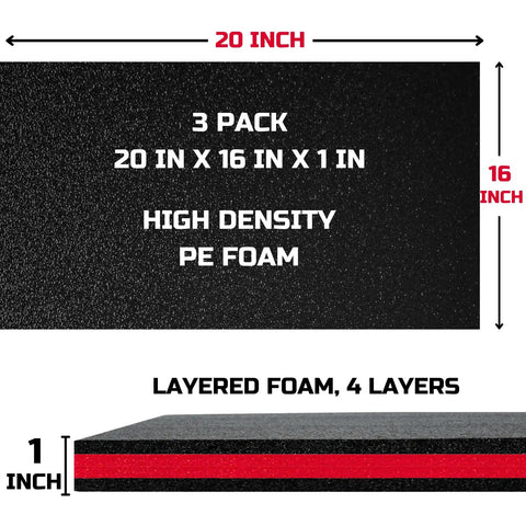 Rock Solid Tool Box Foam Organizer 3 Pack 20X16X1 Inch Kaizen Sheets For Custom Shadow Board Heavy Duty Polyethylene Foam Inserts That Keep Your Pro Tool Stash Locked Down Tight Black And Red
