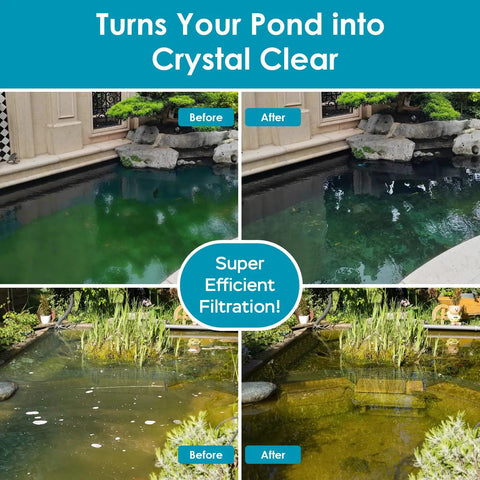 Before and after shots of ponds using the All In One Pond Fountain Kit With 550GPH Pump Three Spray Patterns Color LED And UV Light