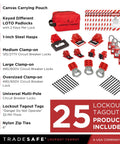 Image of Breaker Lockout Tagout Kit For Electrical Safety, OSHA Compliant With 25 Lockout Devices, featuring a carrying bag, locks, and tags.