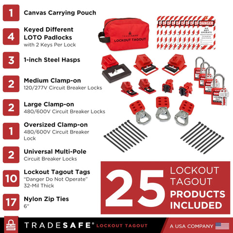 Image of Breaker Lockout Tagout Kit For Electrical Safety, OSHA Compliant With 25 Lockout Devices, featuring a carrying bag, locks, and tags.