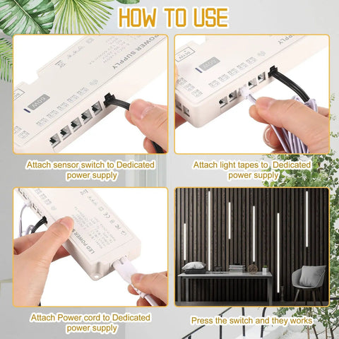 Installation guide for Six Pack Wood Wall Panel LED Recessed Lighting Kit With Touch Switch showing connection and setup