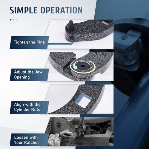 Steps showing use of Gland Nut Spanner Wrench Kit For 1 To 6 Inch Gland Nuts And Hydraulic Cylinders, 4 Piece Set.
