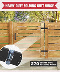 Heavy Duty 270-Degree Adjustable Fold-Flat Gate Hinges on wooden fence in garden setting