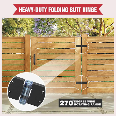 Heavy Duty 270-Degree Adjustable Fold-Flat Gate Hinges on wooden fence in garden setting