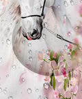 White horse illustration with raindrops and pink floral details on canvas