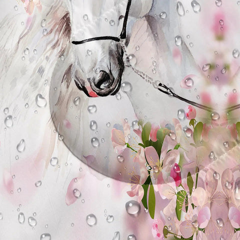 White horse illustration with raindrops and pink floral details on canvas