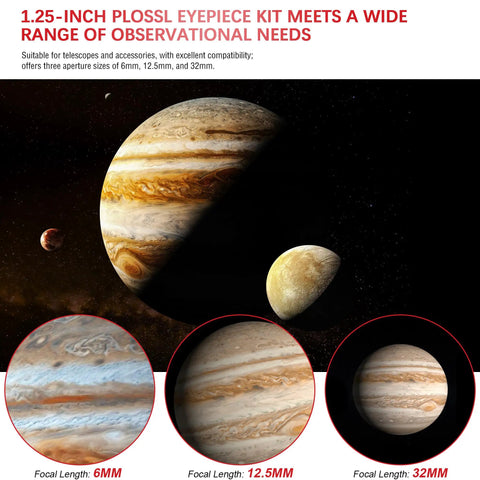 1.25 Inch Telescope Eyepiece Kit With 6mm 12.5mm And 32mm Plossl Lenses showcasing Jupiter and moons in space