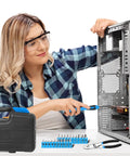 Woman assembling a computer with a 39 Piece All In One Home Tool Set In Blue Toolbox Case For Quick Home Repairs, Furniture Assembly.