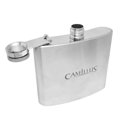 5 oz stainless steel flask part of 4 Piece Camp Kit Multi Tool Set With Spoon And Fork, 5 Oz Stainless Steel Flask, Collapsible Cup, Corkscrew
