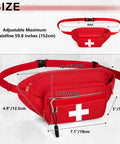 Rugged First Aid Fanny Pack With MOLLE System Lifeguard Emergency Medical Waist Bag For Hiking Camping And Work Includes Whistle D Ring Front Patch Panel Red shown with size dimensions.