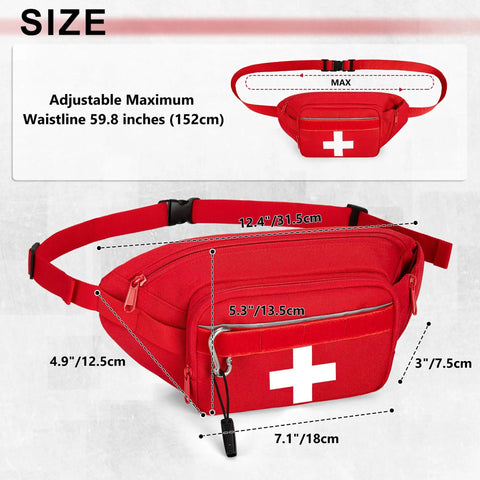 Rugged First Aid Fanny Pack With MOLLE System Lifeguard Emergency Medical Waist Bag For Hiking Camping And Work Includes Whistle D Ring Front Patch Panel Red shown with size dimensions.