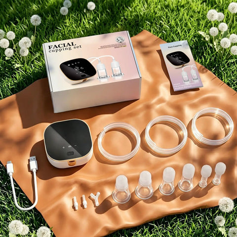 Electric Facial Cupping Set With Four Adjustable Modes And Twelve Speed Levels For Expert Lymphatic Drainage And Firm Skin Repair A Smooth Vacuum Therapy Tool That Is A Total Glow Up Must Have on a brown surface with accessories.