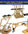 Totally Sweet Real Wood Stem Building Kit Featuring Legit Hydraulic Crane Gears Levers And Pulleys Tools With Challenge Guide Book For Killer Hands On Science Play Adventures Ages Eight Plus featuring wooden structures, hydraulic systems, and toy cars.