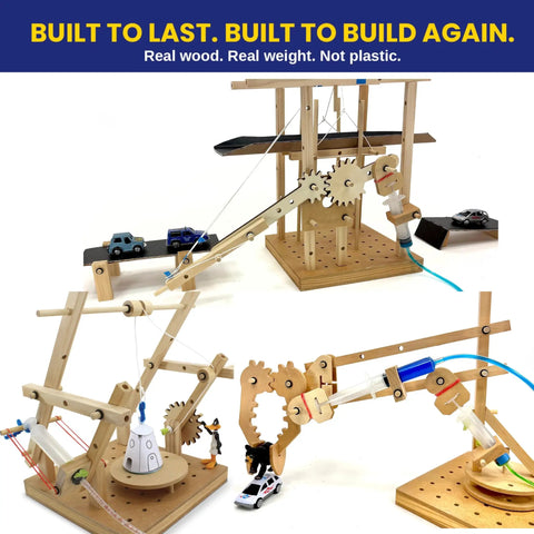 Totally Sweet Real Wood Stem Building Kit Featuring Legit Hydraulic Crane Gears Levers And Pulleys Tools With Challenge Guide Book For Killer Hands On Science Play Adventures Ages Eight Plus featuring wooden structures, hydraulic systems, and toy cars.