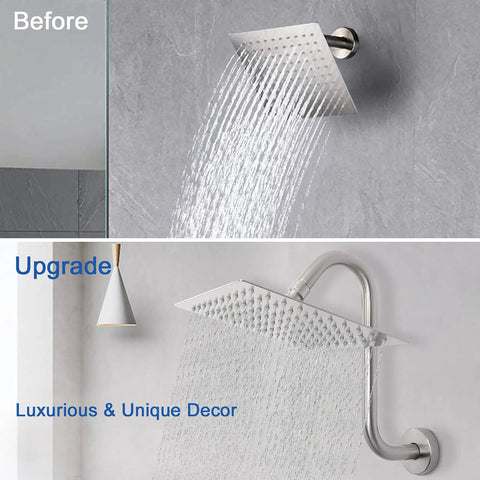 High Rise S Shaped Shower Arm Extender With Flange 10 Inch Brushed Nickel Shower Riser For Tall Showers shown in bathroom before and after