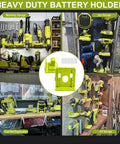 10 Pack Must Have Tool Holder Wall Mount For Ryobi 18V One Plus Cordless Drill Saw Blower And Battery Storage Heavy Duty Organizer For Pegboard Garage And Link System with multiple views showing workshop, van, truck bed, and DIY storage setups.