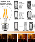 Dimmable A15 LED Bulb 4W Equal 40W, E26 Base, 120V Vintage Edison Clear Warm White 2700K, dimmer compatibility list