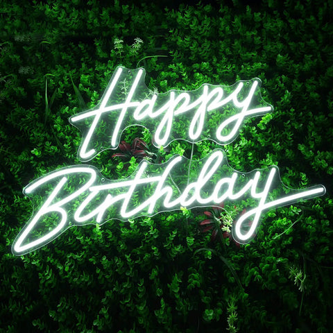 Happy Birthday dimmable LED neon sign on lush green backdrop, 23 inch wall decor with 3 brightness levels for parties.
