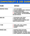 Auger drill bit for wood, 1/2 in × 12 in with 3/8 in hex shank; front view compatibility guide