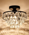 Modern Black Crystal Ceiling Light Fixture Semi Flush Mount Chandelier For Hallway Bedroom Bathroom Closet E26 Base 110V 60W