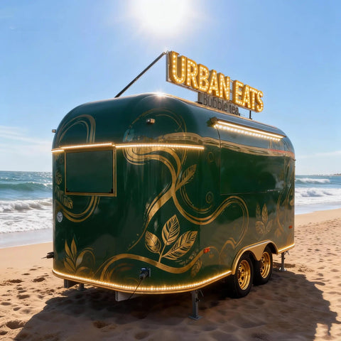 Straight Up Commercial Food Truck Trailer Featuring Custom Coffee Bar Station And Heavy Duty Snack Cart Prep Table To Crush Your Street Vendor Hustle Or Mobile Catering Business on the beach.