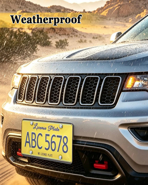 Crystal Clear License Plate Cover For Cars Bubble Shield High Visibility Tag Protector shown on SUV in wet conditions.