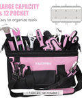 Pink Tool Bag For Women 14 Inch Zip Top Wide Mouth Organizer With Adjustable Shoulder Strap Durable 600D Polyester Multiple Pockets Outside And Inside For Quick Tool Access with various tools inside.