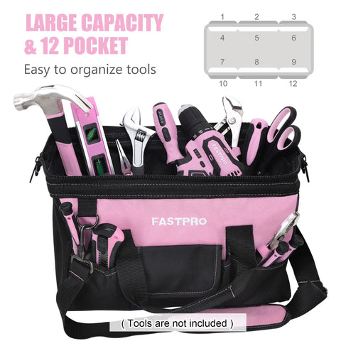 Pink Tool Bag For Women 14 Inch Zip Top Wide Mouth Organizer With Adjustable Shoulder Strap Durable 600D Polyester Multiple Pockets Outside And Inside For Quick Tool Access with various tools inside.