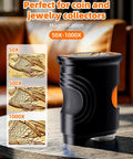 Explore Tiny Worlds With A 1000x Coin Microscope With Built In Lights 2 Inch LCD Display 8 Adjustable LEDs Portable Rechargeable Handheld Magnifier For Coins Gems Jewelry And More Works With Windows And Mac, black handheld microscope shown with 50x to 1000x coin detail views