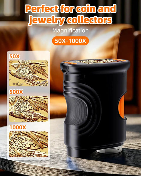 Explore Tiny Worlds With A 1000x Coin Microscope With Built In Lights 2 Inch LCD Display 8 Adjustable LEDs Portable Rechargeable Handheld Magnifier For Coins Gems Jewelry And More Works With Windows And Mac, black handheld microscope shown with 50x to 1000x coin detail views