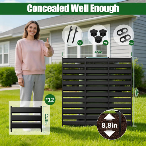 Customizable Outdoor Privacy Fence Screen Panels For Air Conditioners, Trash Cans, and Pool Equipment Enclosures with person