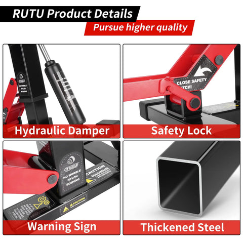 Close-up of Beefy Dirt Bike Stand And Motorcycle Lift Jack With 1000 Lb Capacity showing hydraulic damper, safety lock, warning sign, and thickened steel.