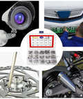Collage showing an installed security camera, a person installing a plate, Torx Security Screws 150Pcs set, brake disc screws, and motorcycle modifications.