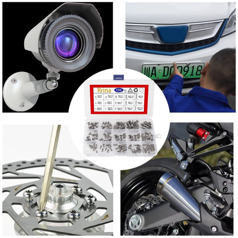Collage showing an installed security camera, a person installing a plate, Torx Security Screws 150Pcs set, brake disc screws, and motorcycle modifications.