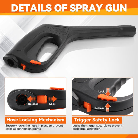High Pressure Washer Gun Kit With Turbo Wand And Adjustable Fan Wand From 0 To 60 Degrees Locking Hose Design Safety Trigger