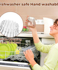 Woman placing refillable sugar jar with bamboo lid and spoon, 15 oz glass canister, into dishwasher for easy cleaning.