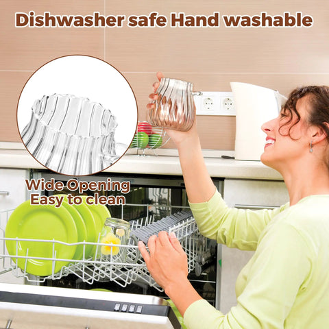 Woman placing refillable sugar jar with bamboo lid and spoon, 15 oz glass canister, into dishwasher for easy cleaning.