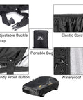 Full Car Cover For Sedans All Weather Waterproof Windproof Dustproof UV Protection Scratch Resistant Indoor Outdoor Shield Beat The Elements Tough Outdoor Gear With 6 Reflective Strips Fits 185 To 191 Inch Length showing details of adjustable buckle, elastic cord, and waterproof feature.