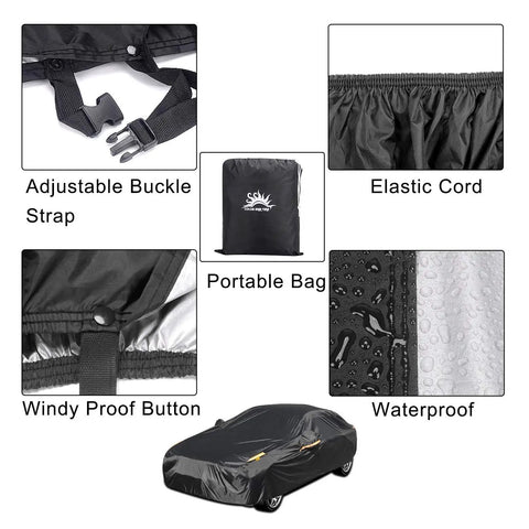 Full Car Cover For Sedans All Weather Waterproof Windproof Dustproof UV Protection Scratch Resistant Indoor Outdoor Shield Beat The Elements Tough Outdoor Gear With 6 Reflective Strips Fits 185 To 191 Inch Length showing details of adjustable buckle, elastic cord, and waterproof feature.