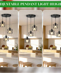 Slick Farmhouse Three Light Pendant With Adjustable Drop Cords Matte Black Hanging Ceiling Lamp in kitchen setting with various heights.