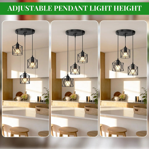 Slick Farmhouse Three Light Pendant With Adjustable Drop Cords Matte Black Hanging Ceiling Lamp in kitchen setting with various heights.