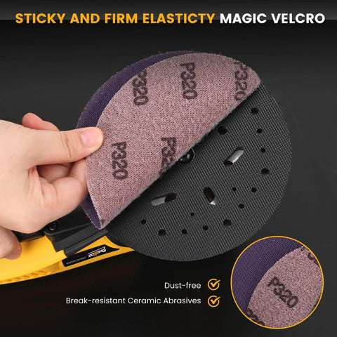 Kickin Up Dust Free Surfaces With This Beefy Electric Random Orbital Sander That Features Shop Vac Hookup Plug In Cord And Sharp Ceramic Discs For Tight Woodworking Jobs, showing the Magic Velcro pad being lifted.